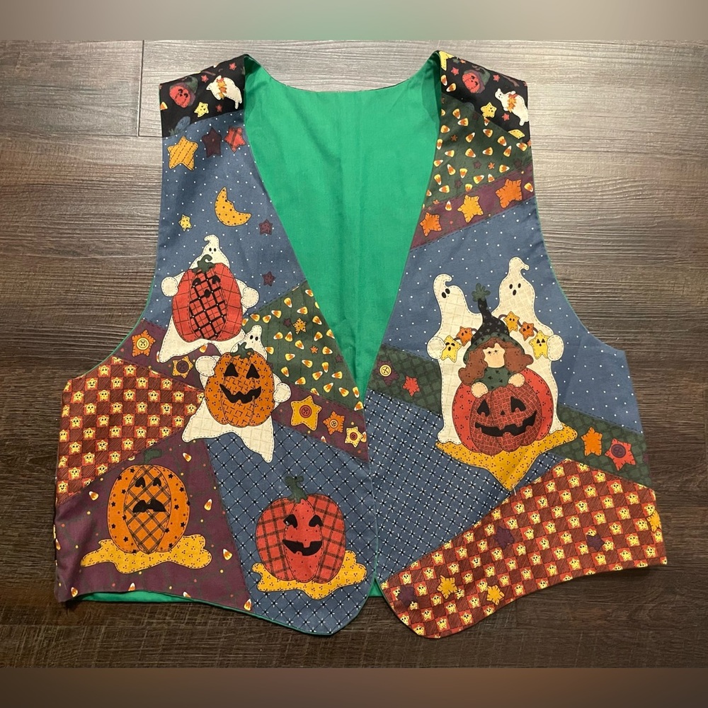 Handmade Open Front Vest Halloween Size L/XL Witch Pumpkin Ghost Patchwork Look
